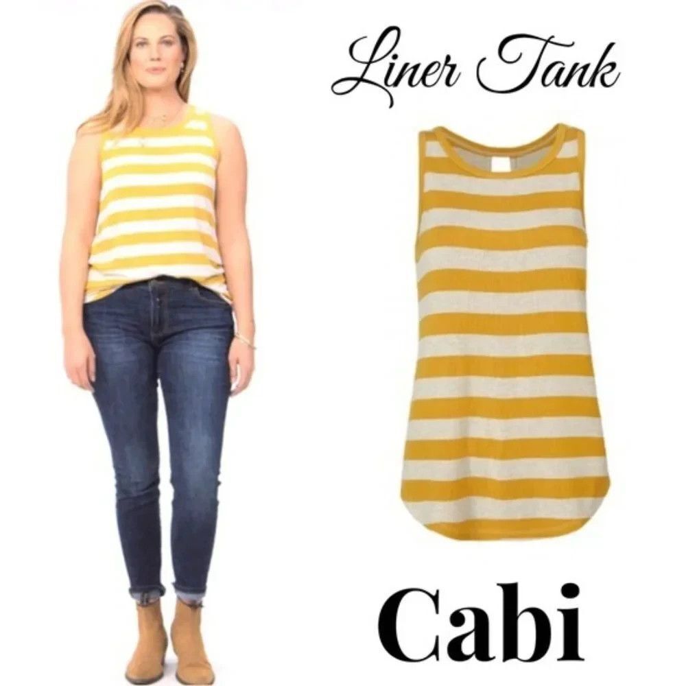 Cabi # 4010 "Liner Tank" Rayon Blend Striped Gold/Cream Tank Top Medium